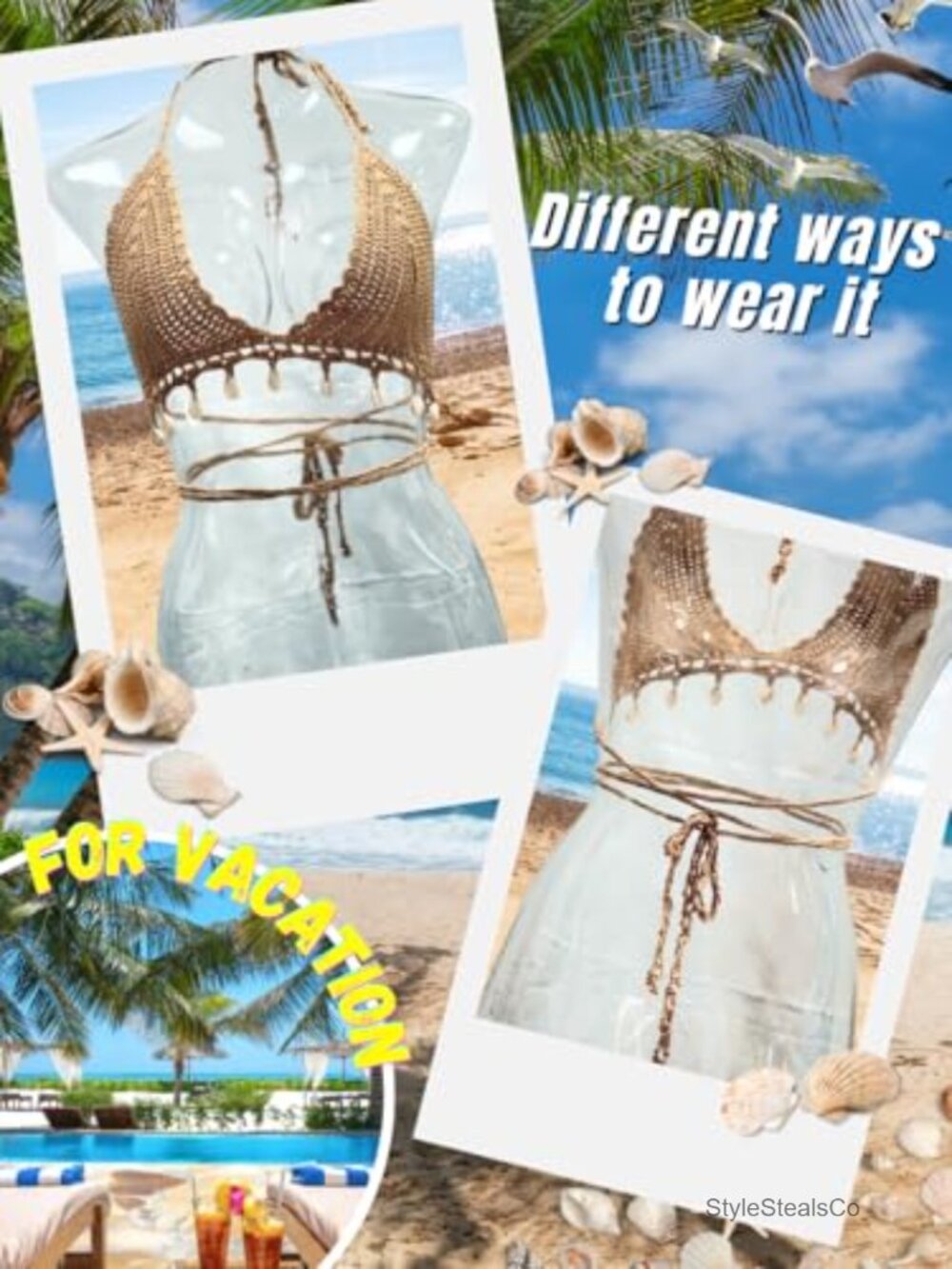 Two Piece Skirt Set Crochet Shell Boho Swimsuit Cover Up - Picture 4 of 6